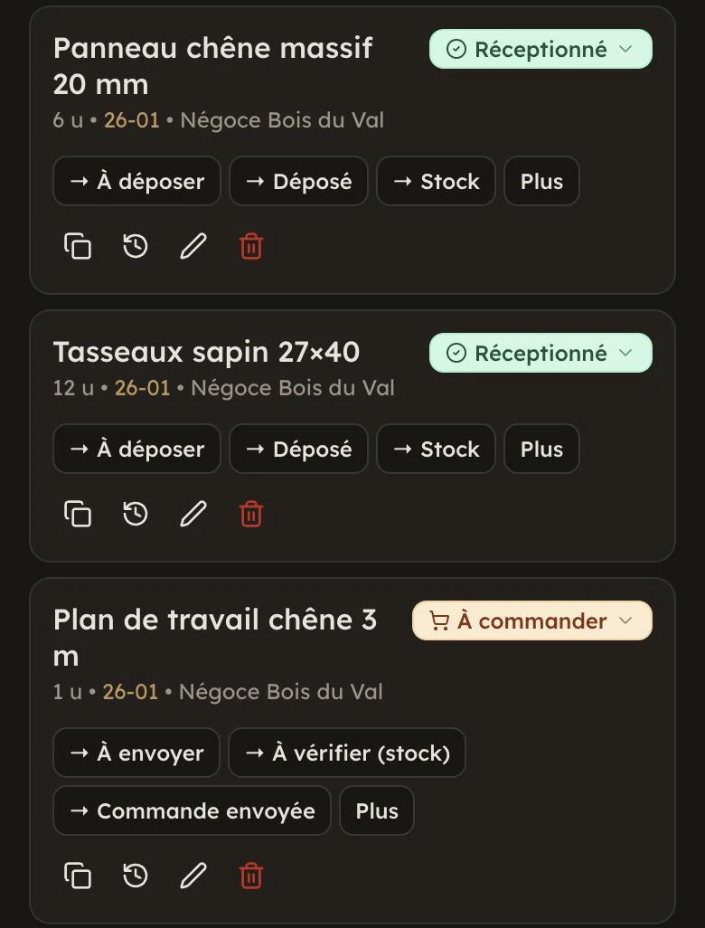 Écran Evolis : matériaux réceptionnés, plan de travail encore à commander