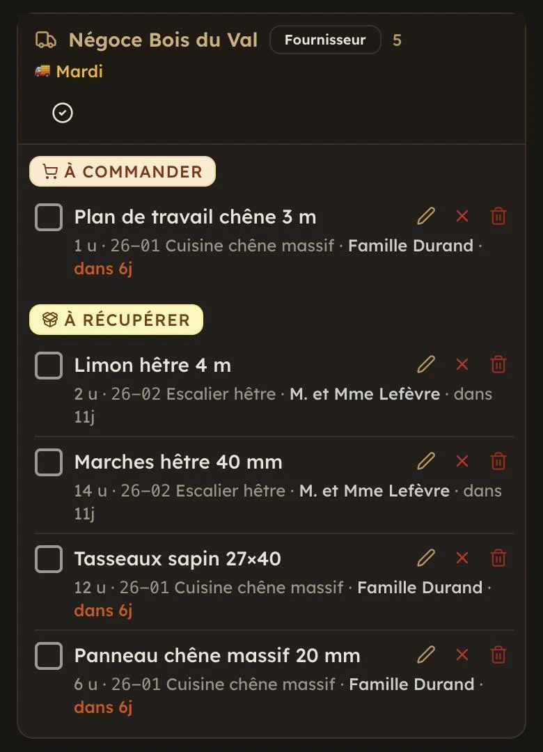 Écran Evolis : tournée fournisseurs, matériaux à commander et à récupérer chez Négoce Bois du Val